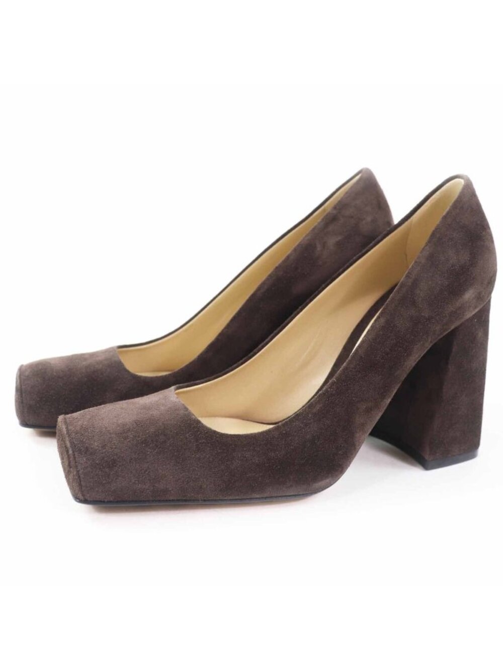 Bottega Veneta Tower Suede Leather Chunky Heel Square Toe Pumps Brown